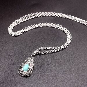 925 Silver Necklace w/ Turquoise Tear Drop Pendant Women's Vintage Boho Gift